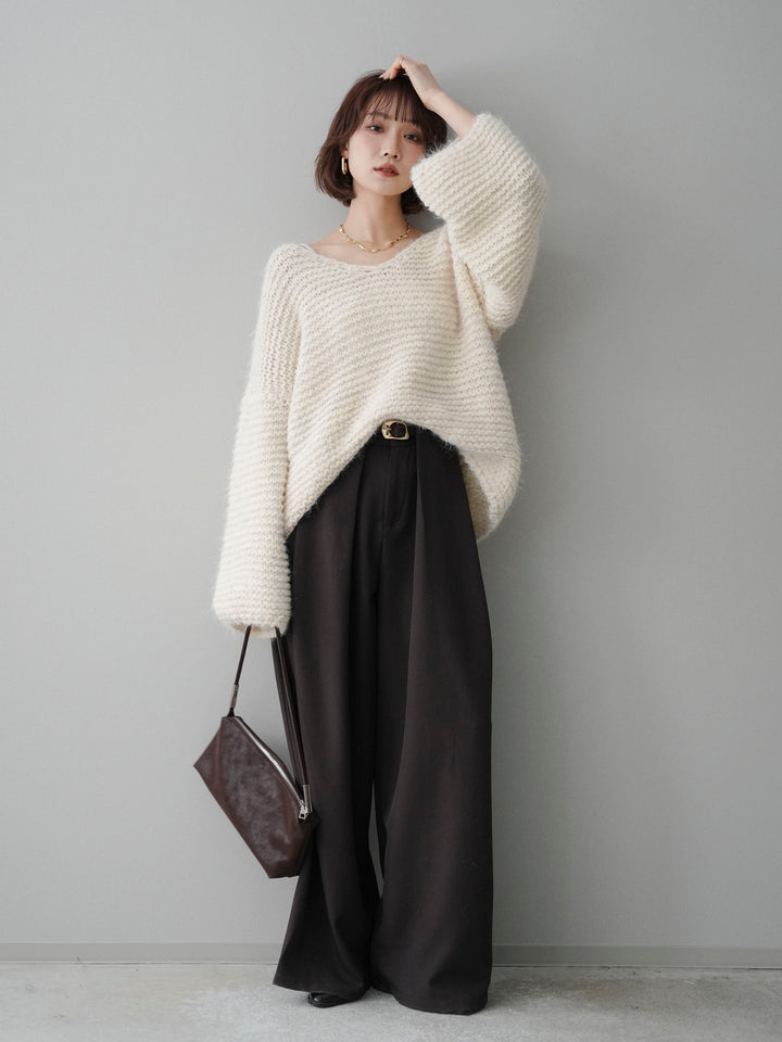 [予約]ワッフル編みシャギーニットプルオーバー/apricot