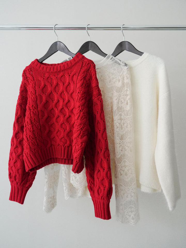 【着回しセット】[SET]バルキーケーブルクロップドニットプルオーバー+アンゴラタッチクルーネックニットプルオーバー+チュールレーストップス(3set)