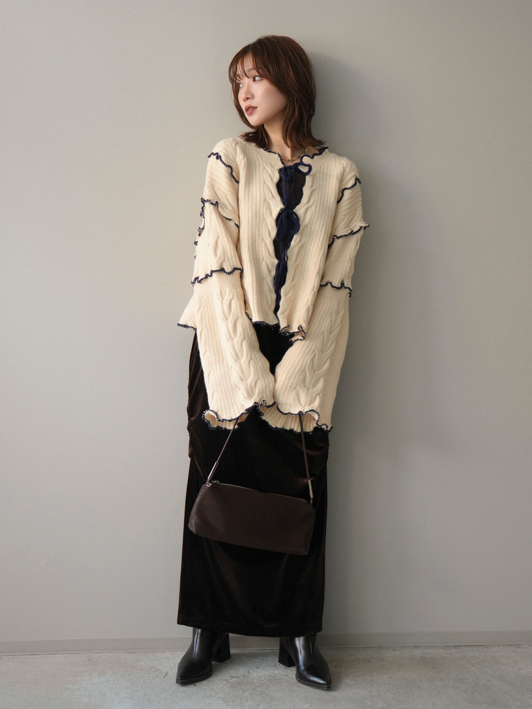 [SET]フロントリボン配色メローニットカーディガン+ギャザーベロアスカート(2set)