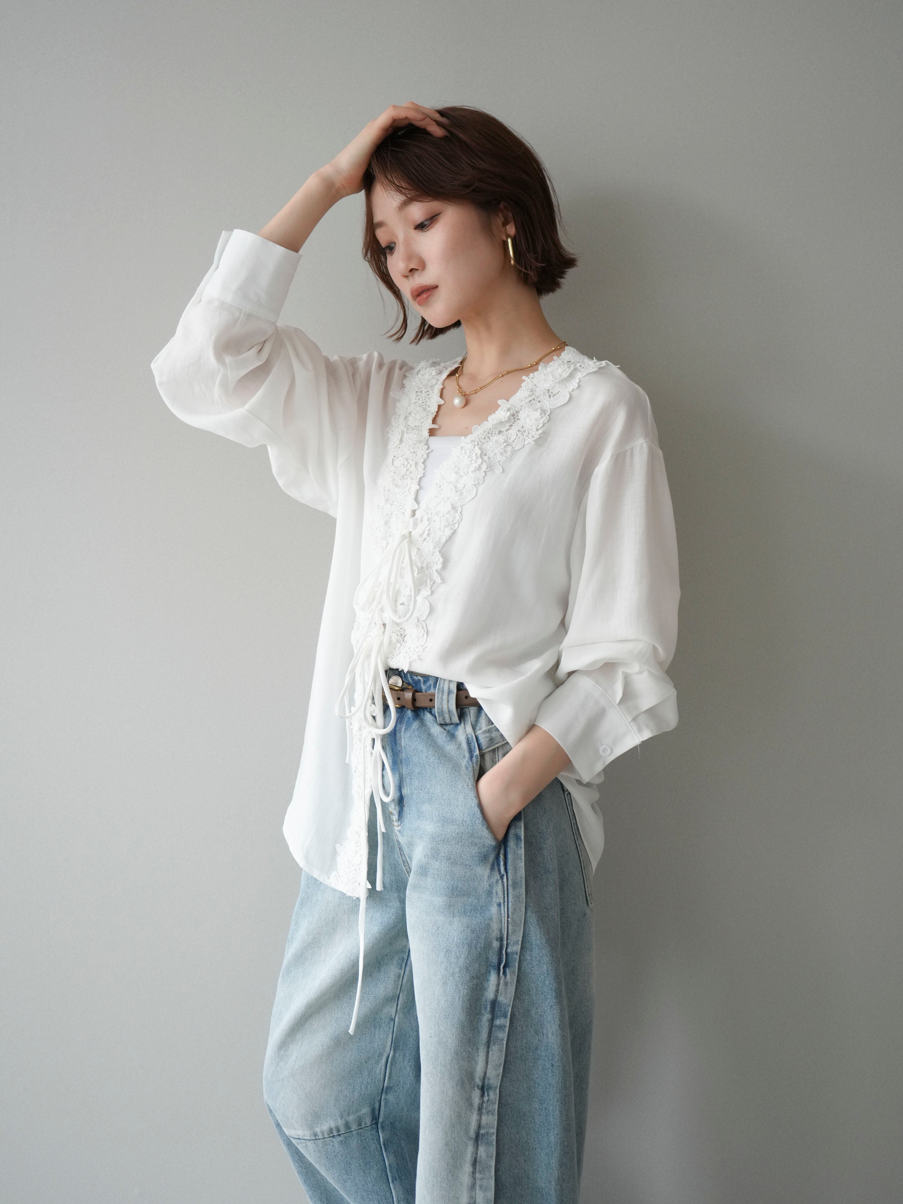 美品　ベイビー　リボン　パール　レース　シフォンブラウス　白 予約]レースフロントリボンブラウス/white – Lumier