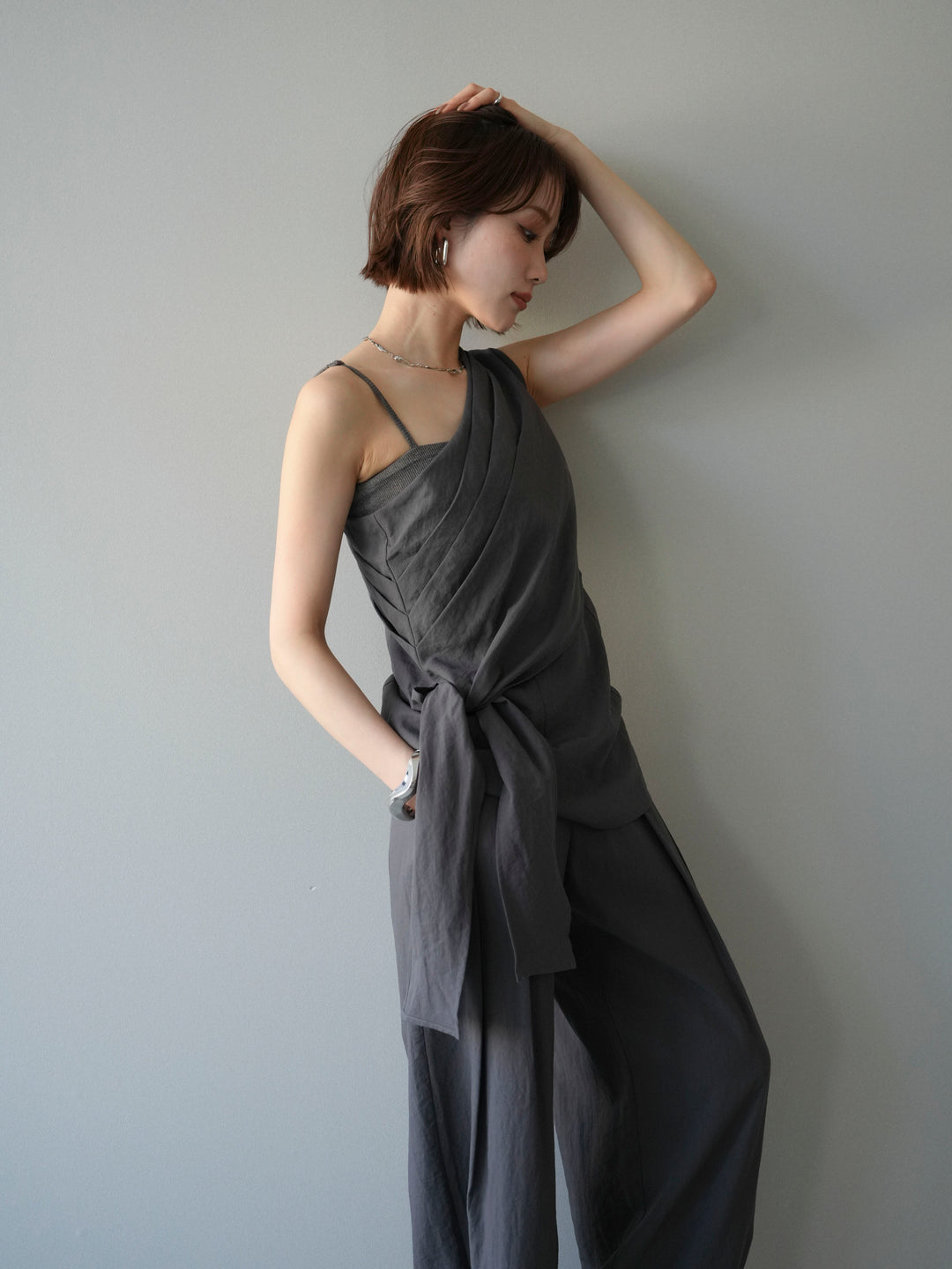 【套裝】單肩上衣+裹身褶皺闊腿褲（兩件套）