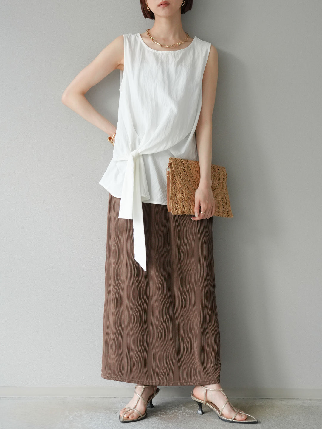 [予約]ウェーブパイピングタイトスカート/ブラウン