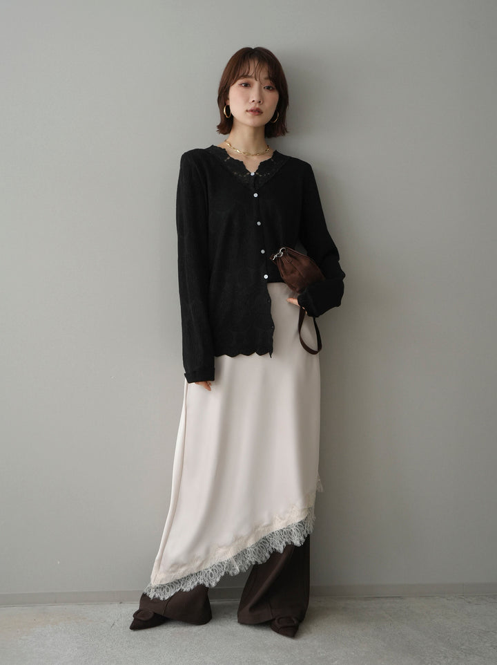 [SET]レースネックジャガードニットカーディガン+センターシームフレアパンツ+サテンライクアシメレーススカート(3set)