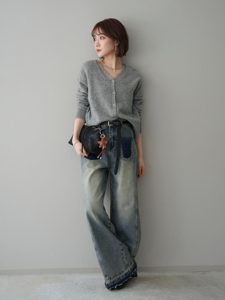 [SET]レースネックニットカーディガン+染めデザインポケットデニムパンツ(2set)