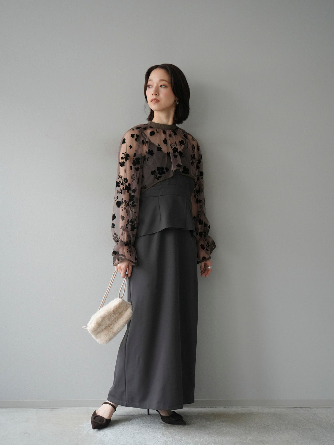 [予約]チュールフラワーフロッキーショートブラウス/ブラウン