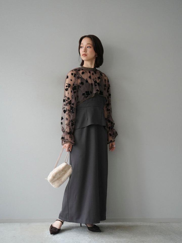 [予約]チュールフラワーフロッキーショートブラウス/ブラウン