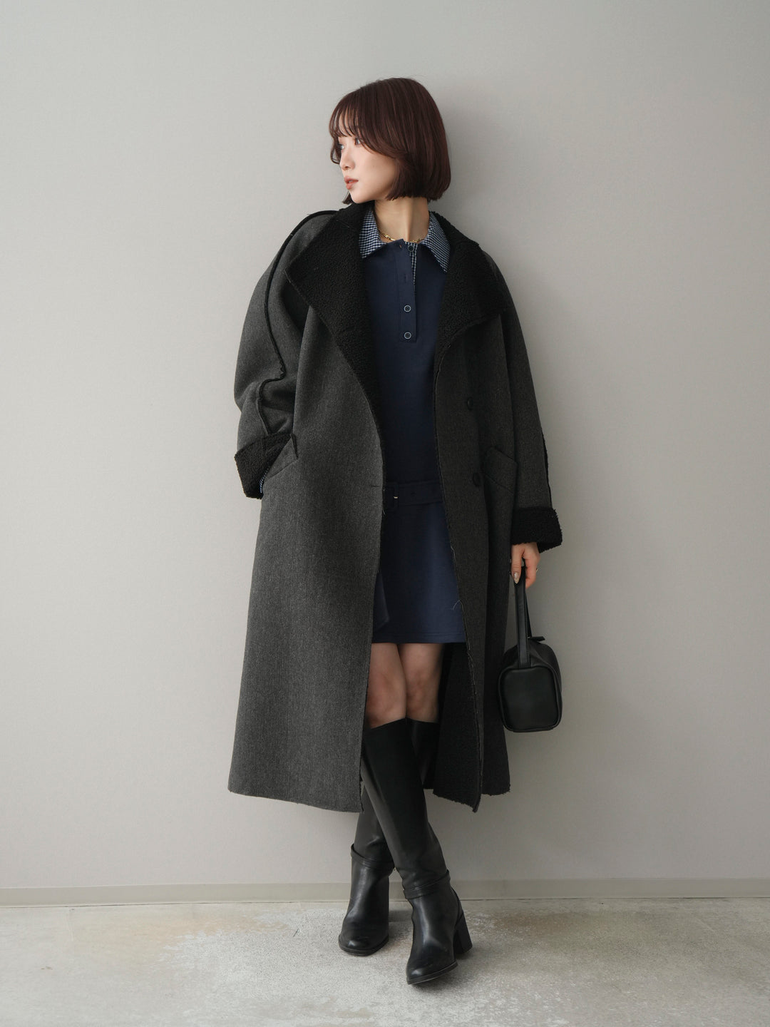 [SET]チェック襟xスエットミニワンピース+アウトシーム裏ボアコート(2set)