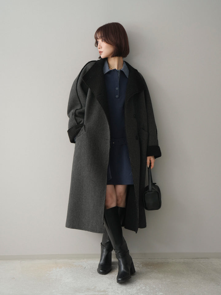 [SET]チェック襟xスエットミニワンピース+アウトシーム裏ボアコート(2set)