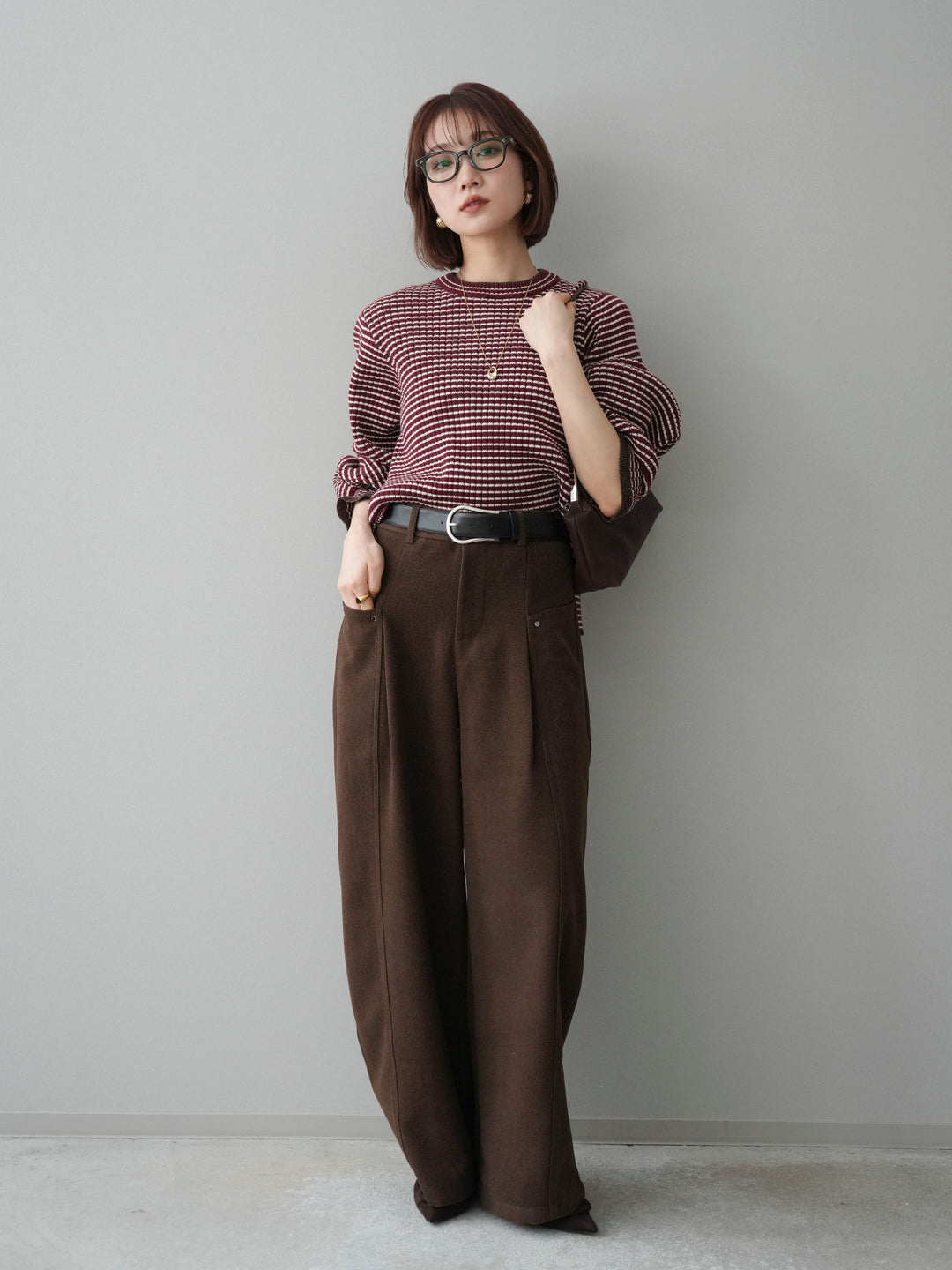 [予約]ラメ異素材ボーダーリブニットプルオーバー/bordeaux×brown