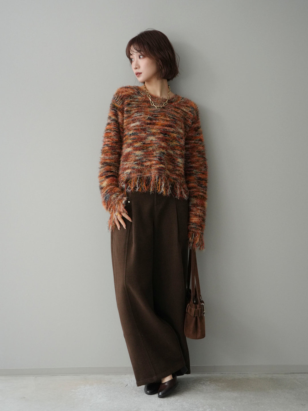 [予約]裾フリンジミックスヤーンシャギープルオーバー/orange