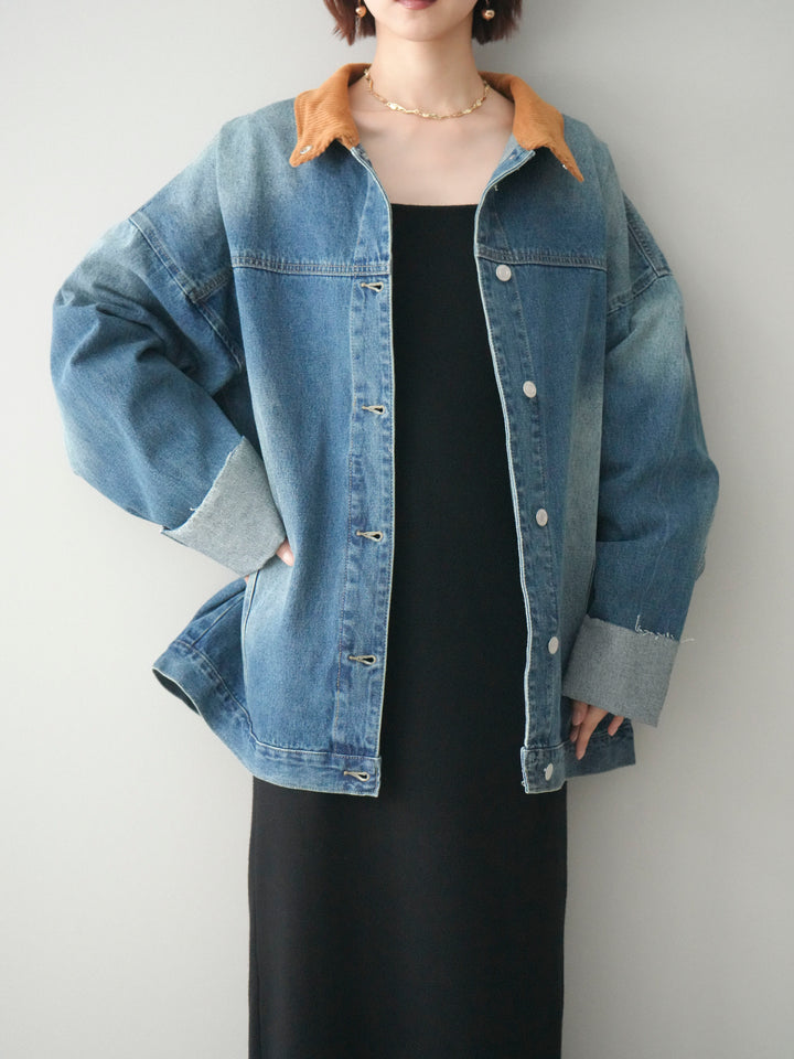 [SET]2WAYニットワンピース+コーデュロイ×デニムミドルジャケット(2set)