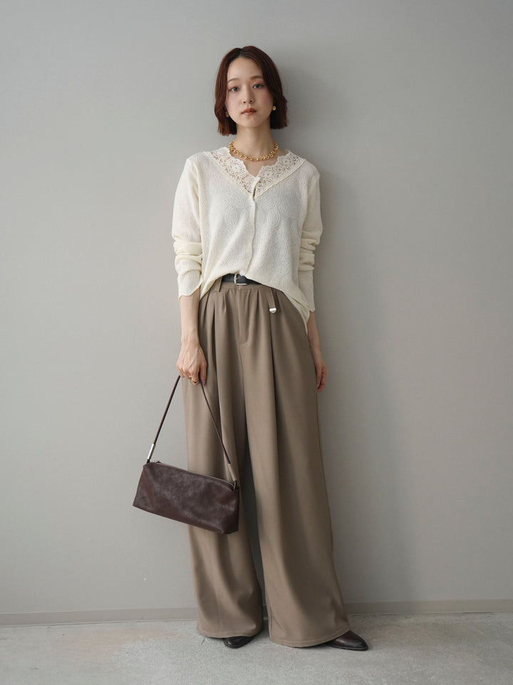 [SET]レースネックジャガードニットカーディガン+ベルト付キーホルダーモチーフワイドパンツ(2set)