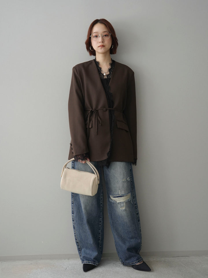 [SET]ノーカラーレースジャケット+ダメージデニムセミワイドパンツ(2set)