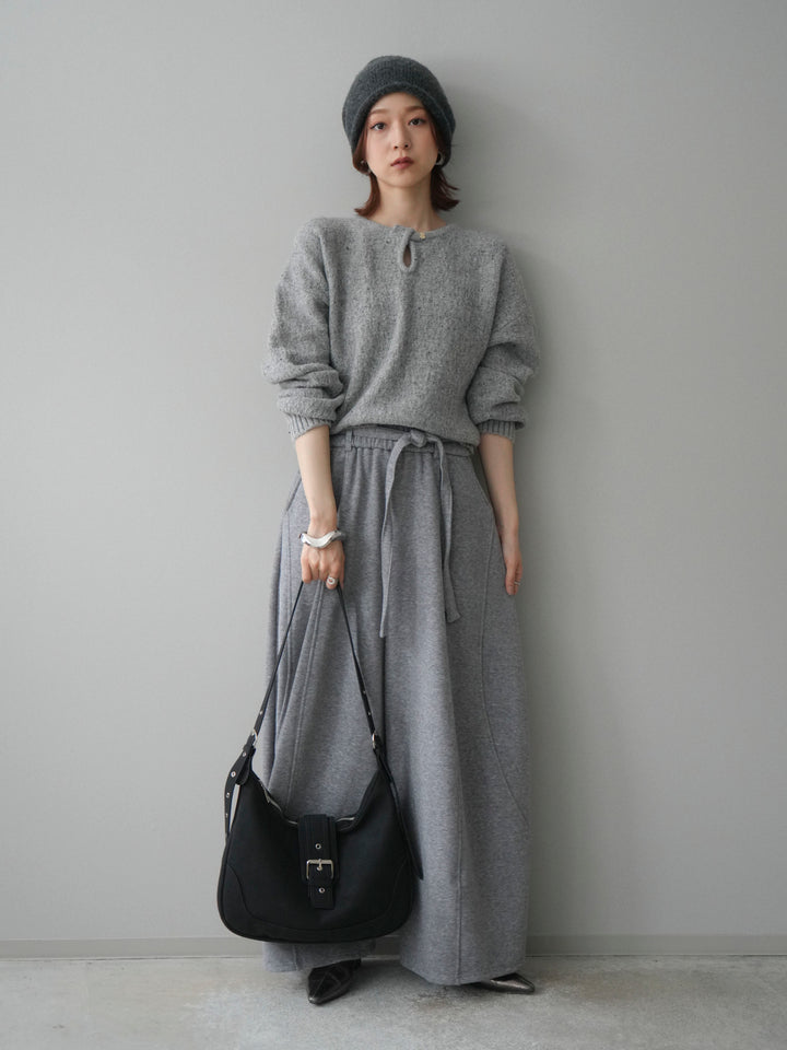 [SET]ツイストネックラメネップヤーンニットプルオーバー+ウエストベルトカーブラインスエットパンツ(2set)