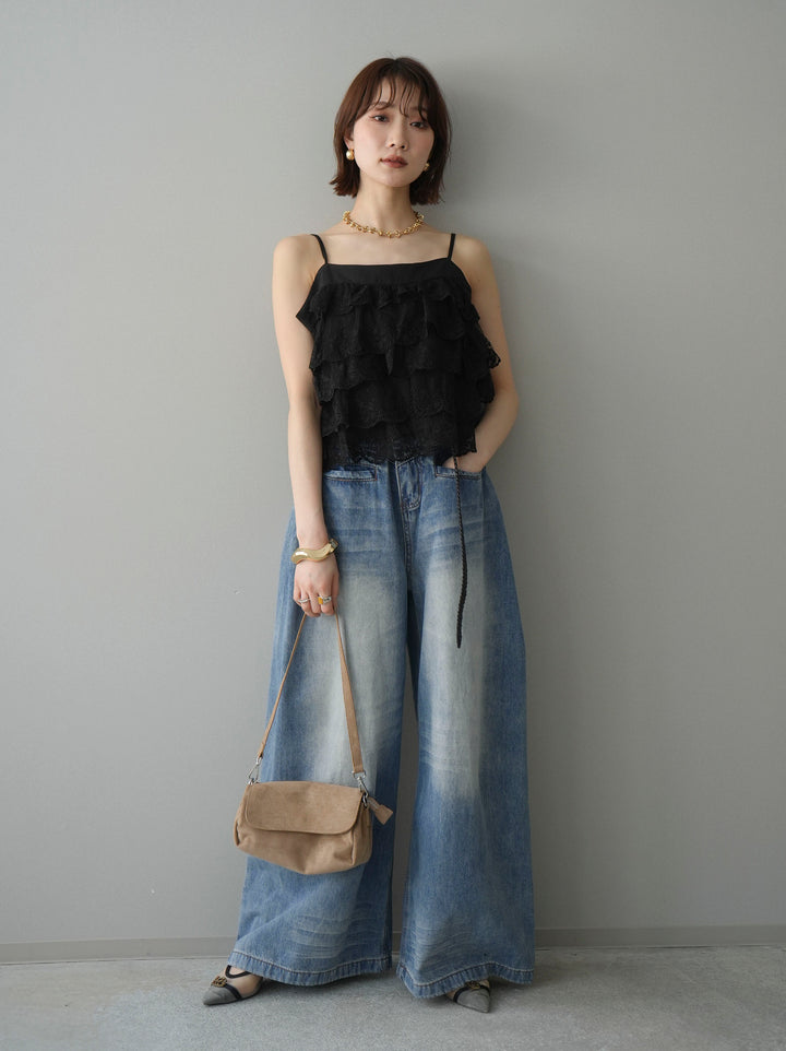 [SET]スカラップレースフリルキャミソール+フロントポケットサイドタックワイドデニム(2set)