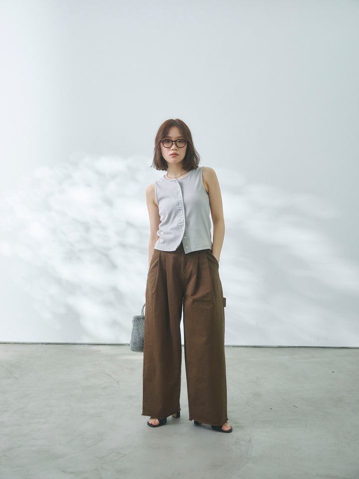 【Allure】[SET]フロントボタンテレコリブタンクトップ+カットオフコットンツイルタックワイドパンツ(2set)