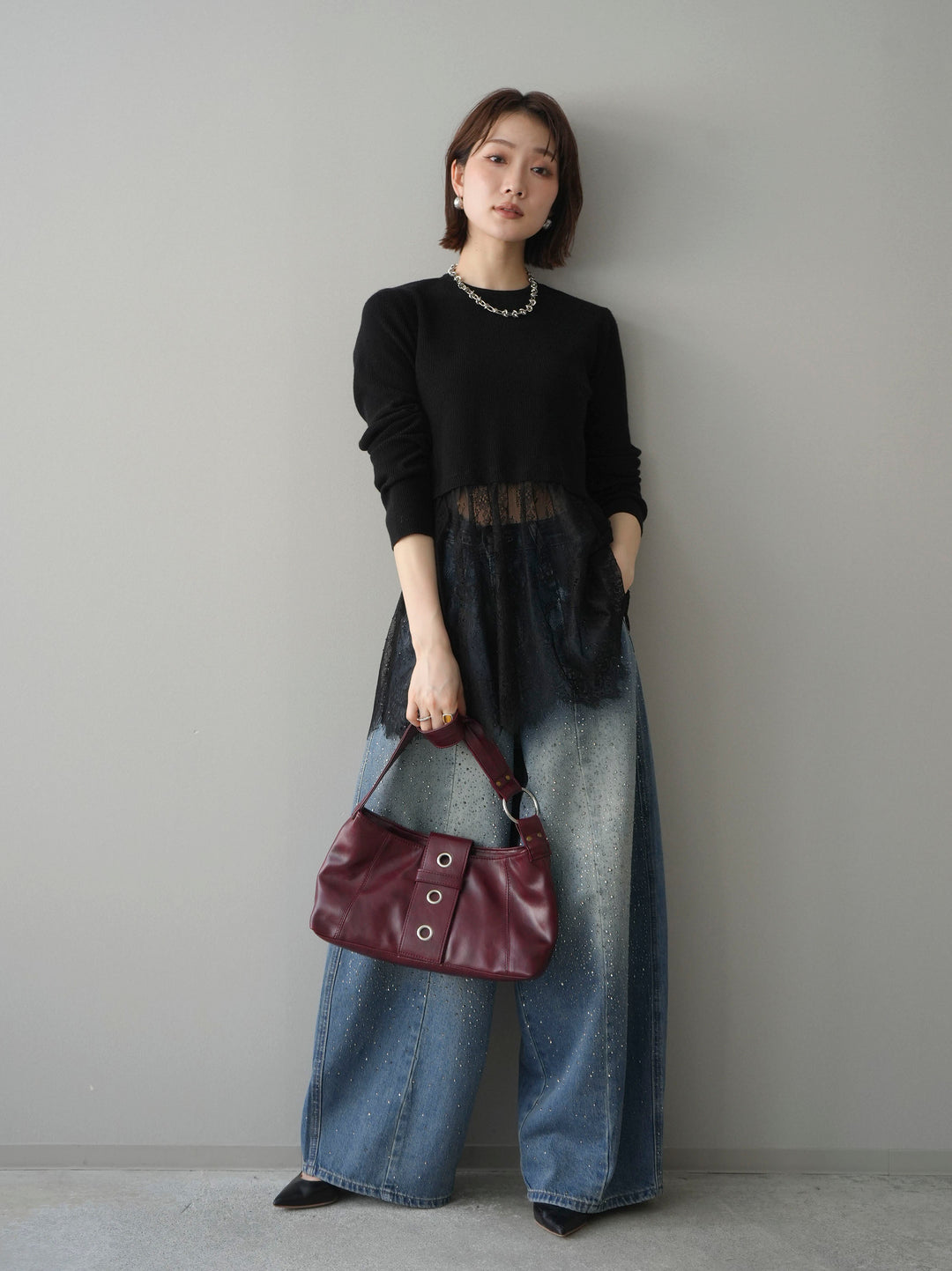 [予約]クルーネックレースドッキングリブニットトップス/black