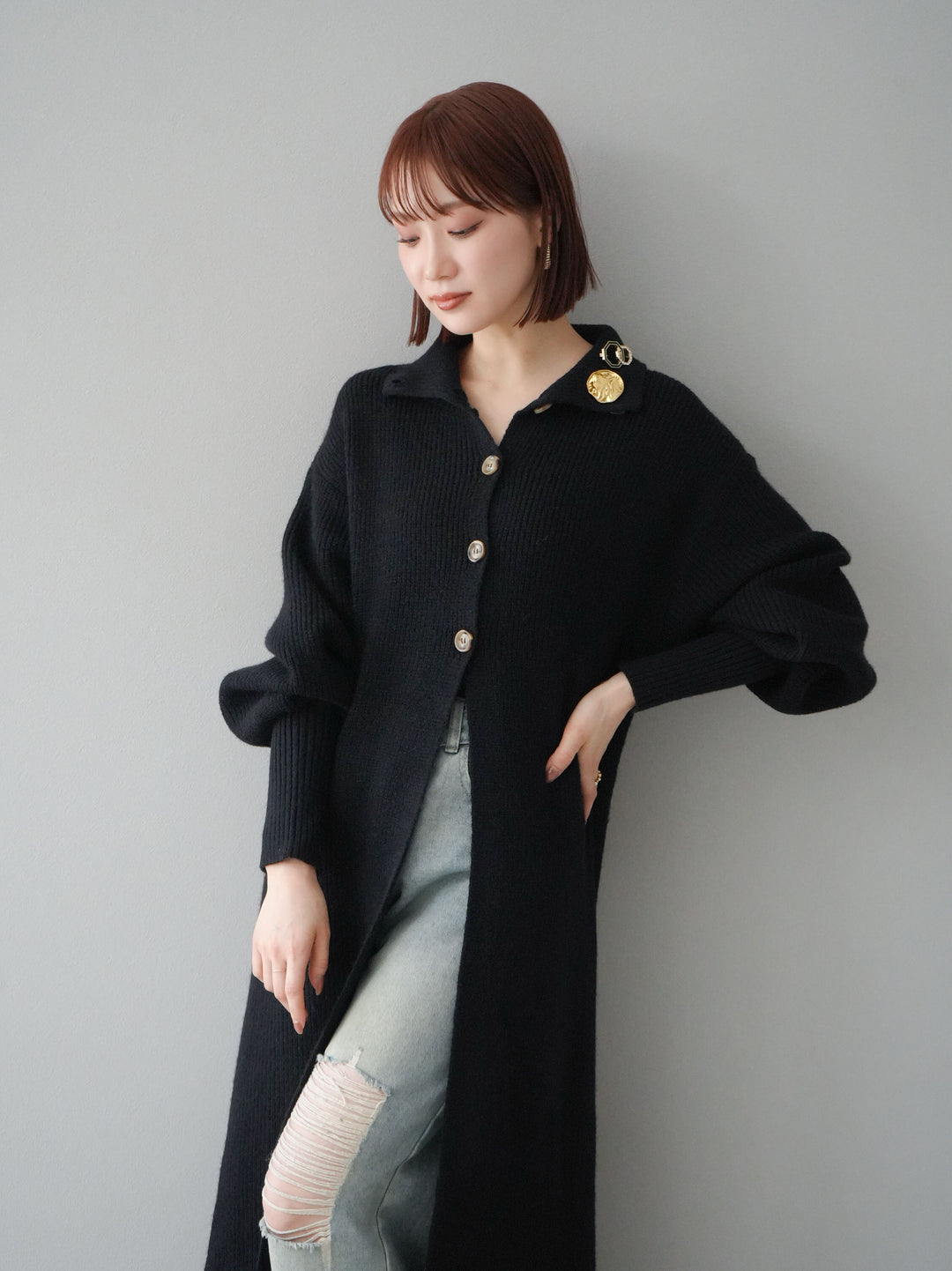 予約]ハイネックニットロングカーディガン/ブラック – Lumier 