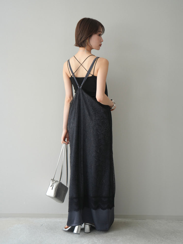 [予約]サテンレースレイヤードキャミワンピース/black