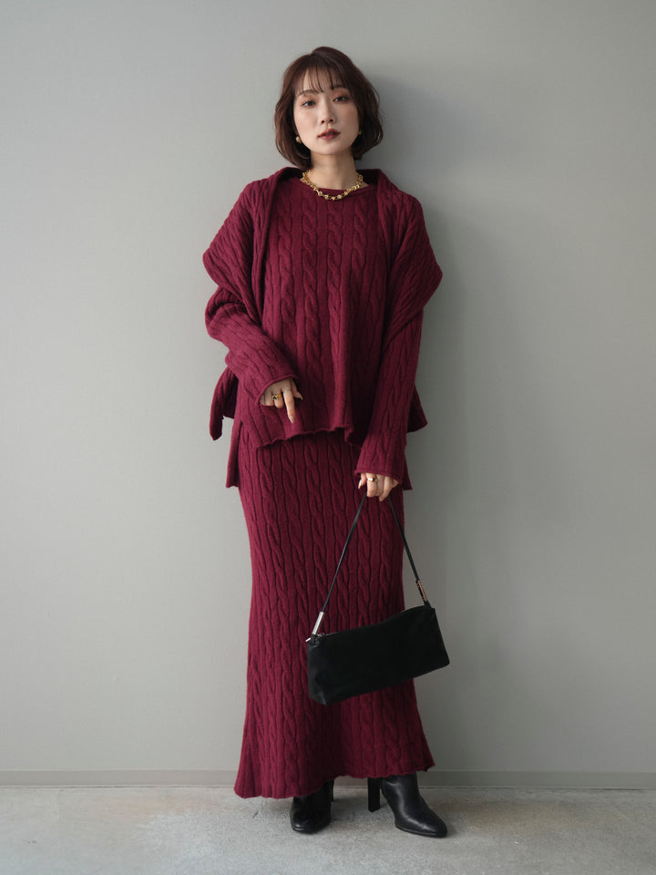 [SET]ストール付ケーブルニットプルオーバー&ロングスカートSET UP+選べるアクセセット(2set)