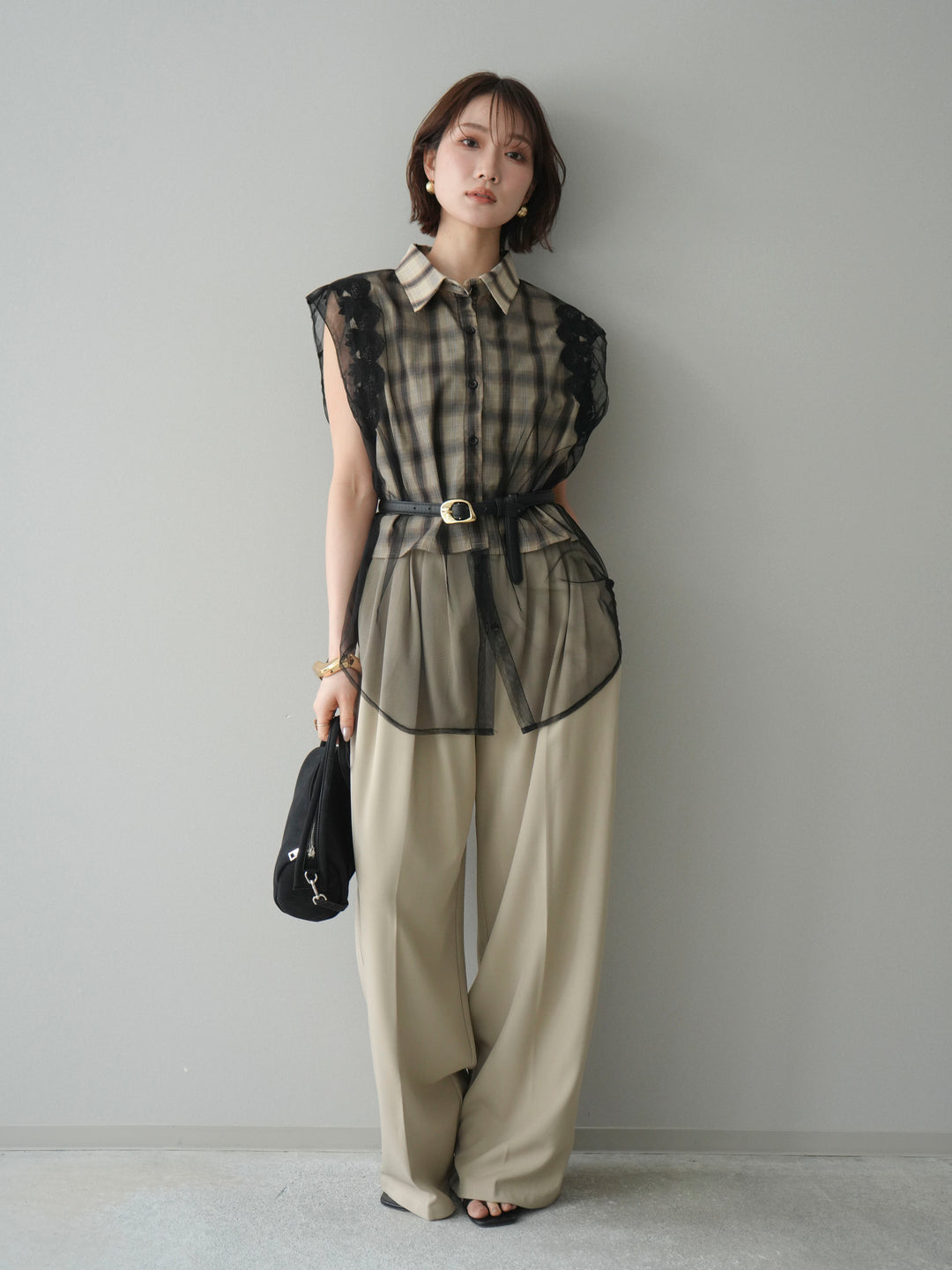 [予約]チュールドッキングチェックノースリブラウス/beige