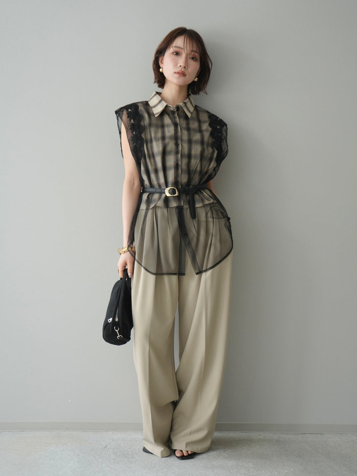 [予約]チュールドッキングチェックノースリブラウス/beige