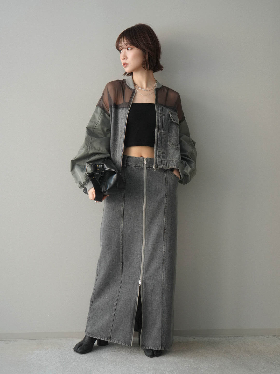 [SET]異素材デニムブルゾン+フロントジップデニムスカート(2set)