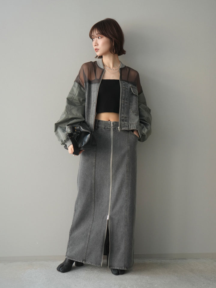 [SET]異素材デニムブルゾン+フロントジップデニムスカート(2set)
