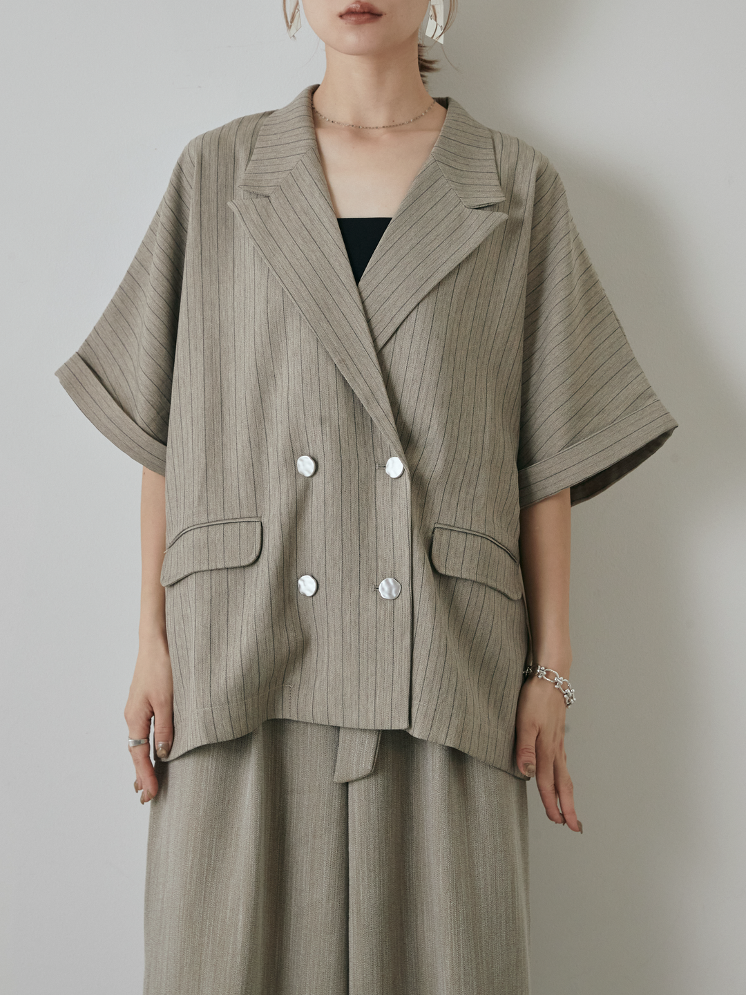 [予約]バックオーガンジーヘリンボーンストライプハーフジャケット/グレージュ