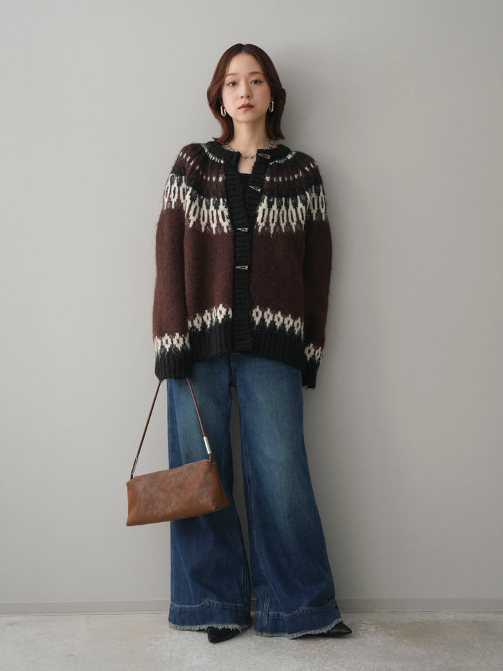 [SET]トグルボタン求心柄ニットカーディガン+裏起毛裾フリンジワイドデニムパンツ(2set)