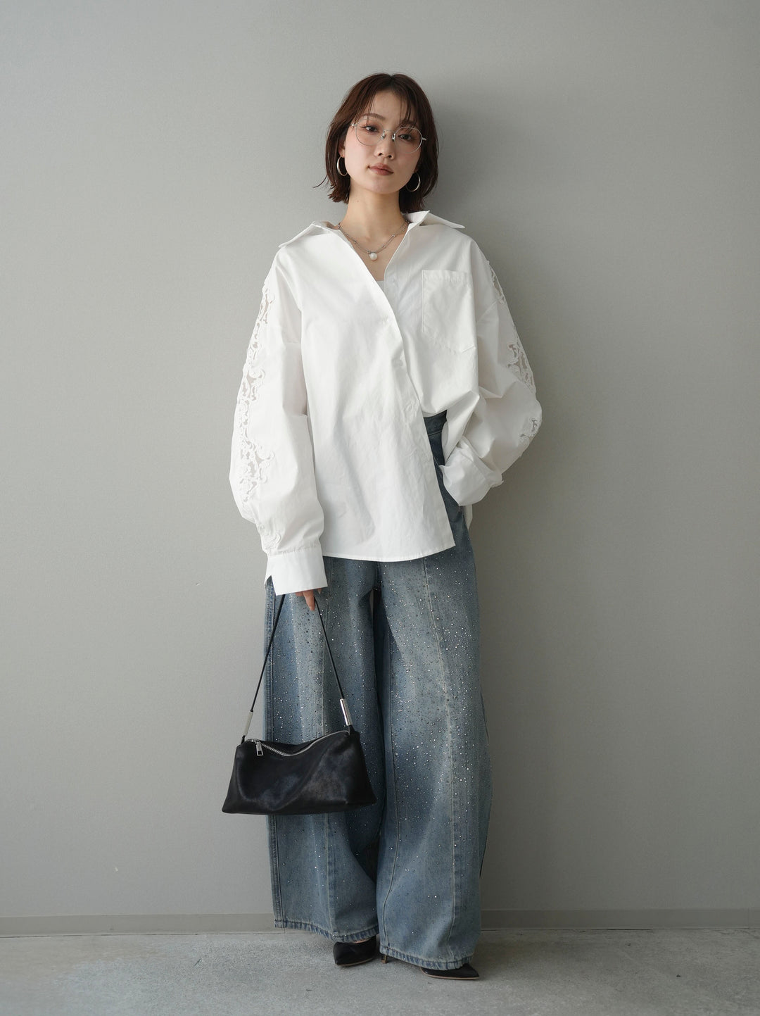 [SET]アームレースブロードシャツ+フロントビジューカーブデニムパンツ(2set)