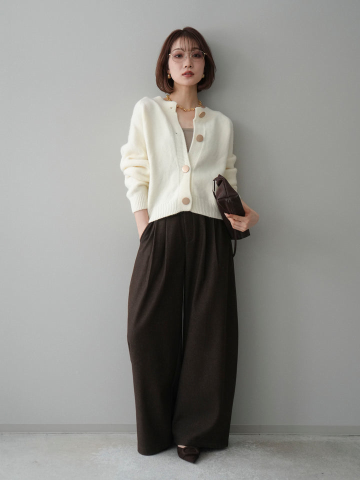 [SET]BIGボタンニットカーディガン+アニマル柄ベルト付きウールタッチワイドパンツ(2set)