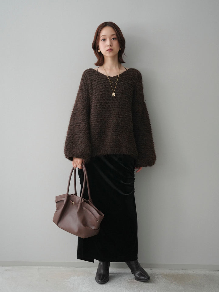 [SET]ワッフル編みシャギーニットプルオーバー+ギャザーベロアスカート(2set)