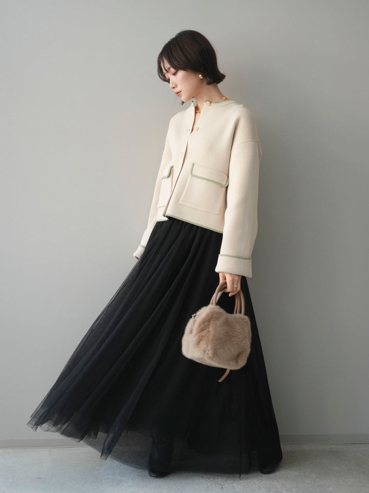 [SET]ポリエステル配色ニットカーディガン+チュールボリュームスカート(2set)