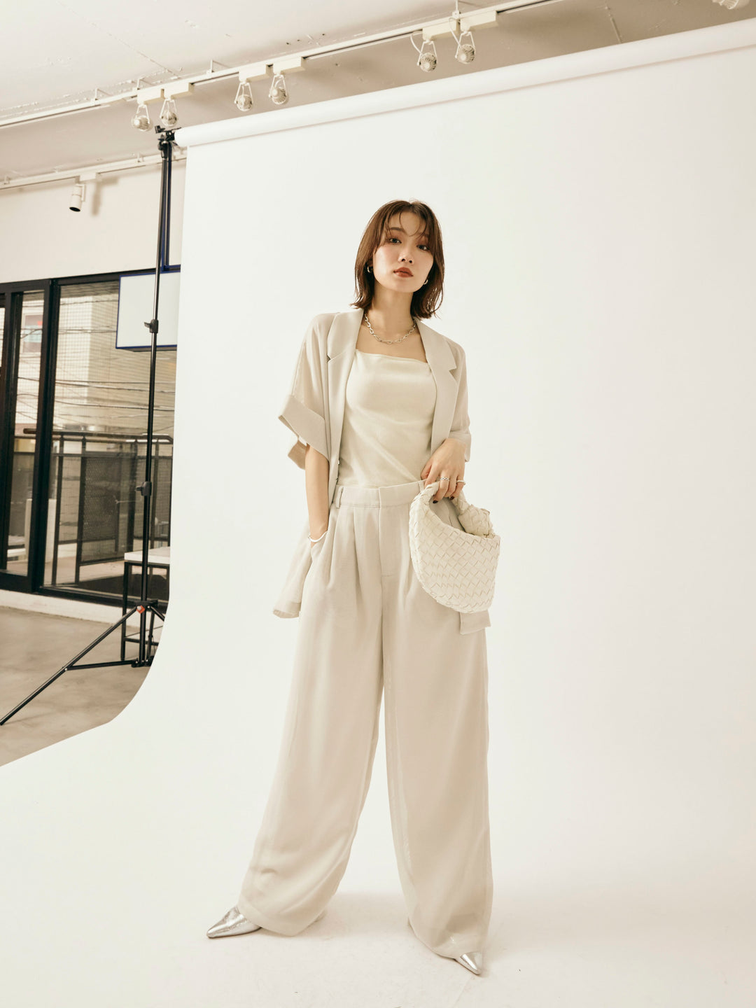 [予約]メッシュタックワイドパンツ/オフグレー