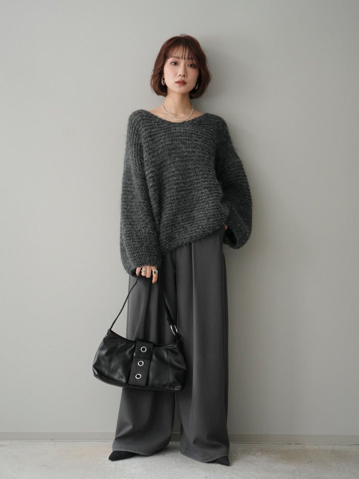 [SET]ワッフル編みシャギーニットプルオーバー+ベルトループデザインワイドパンツ(2set)