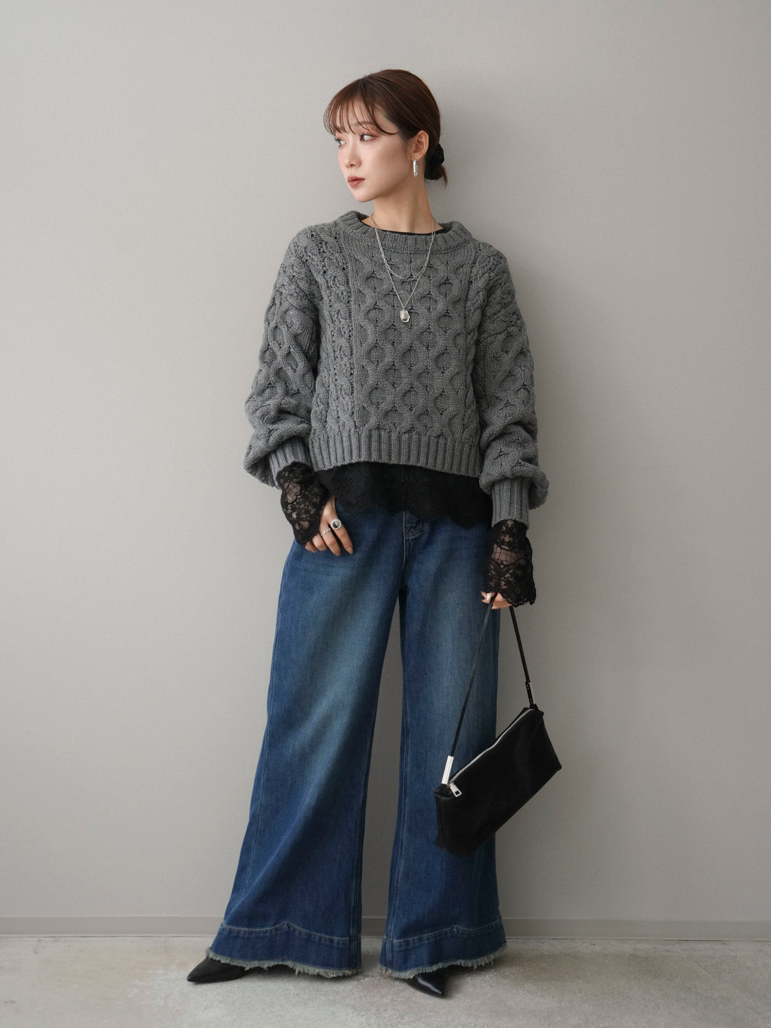 [予約]バルキーケーブルクロップドニットプルオーバー/charcoal