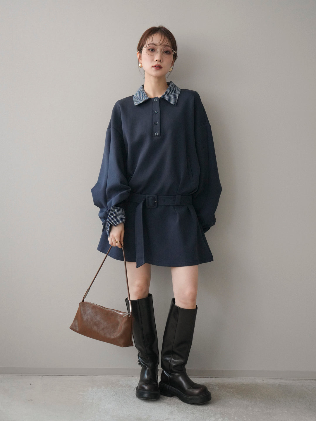 [予約]チェック襟xスエットミニワンピース/blue