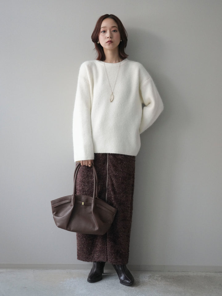 [SET]アンゴラタッチクルーネックニットプルオーバー+ラメシャギーフロントジップスカート(2set)