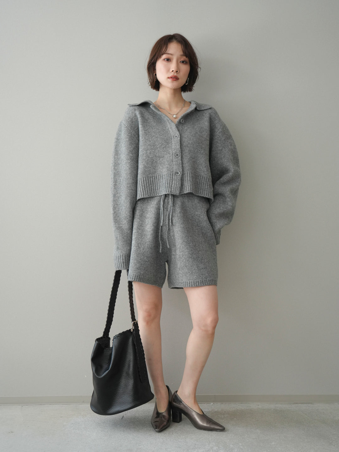 [予約]メランジニット襟付きクロップドカーディガン/gray