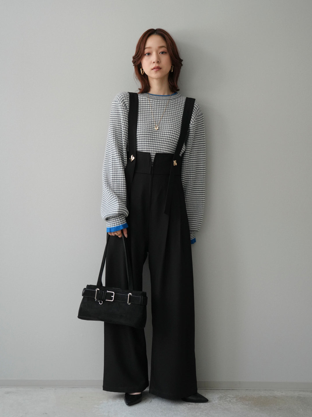 [SET]ラメ異素材ボーダーリブニットプルオーバー+ゴールドボタンサスペンダーワイドパンツ(2set)