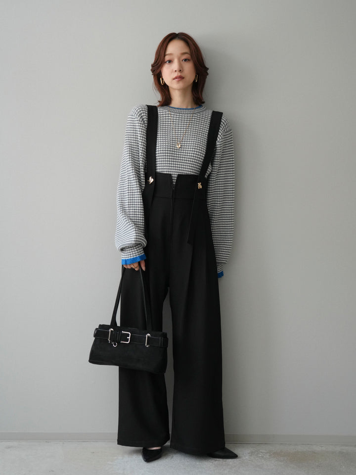 [SET]ラメ異素材ボーダーリブニットプルオーバー+ゴールドボタンサスペンダーワイドパンツ(2set)