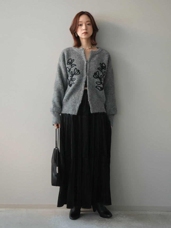 [SET]テープ刺繍ホック開きブークレニットカーディガン+ベロアティアードワッシャースカート(2set)