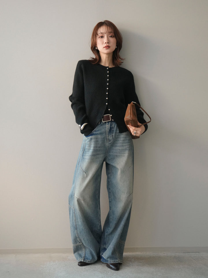 [予約]シルバーボタン畦編みニットカーディガン/black