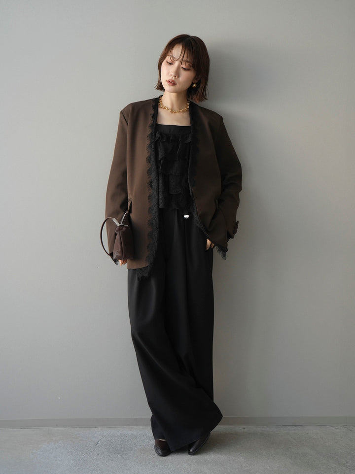[SET]ノーカラーレースジャケット+ベルト付キーホルダーモチーフワイドパンツ(2set)