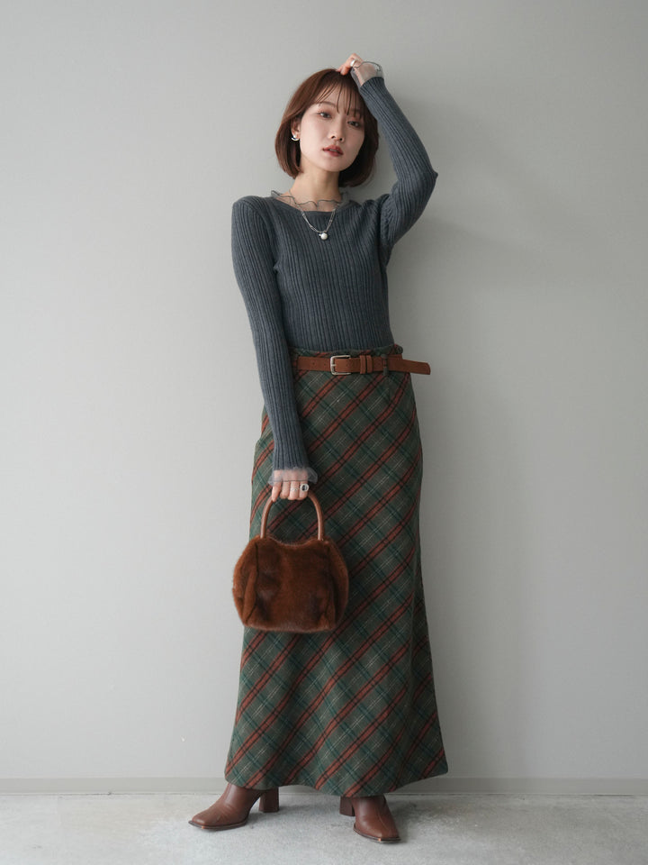 [SET]チュールドッキングリブニットトップス+ベルト付チェック柄ナロースカート(2set)