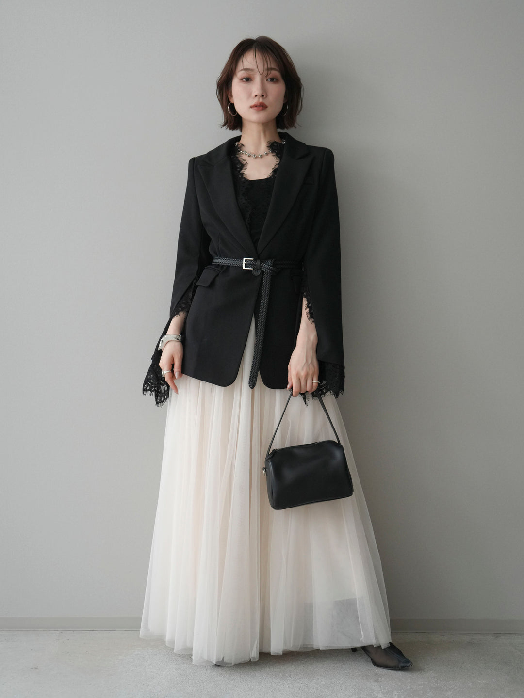 [SET]レースレイヤードスリットジャケット+チュールボリュームスカート(2set)