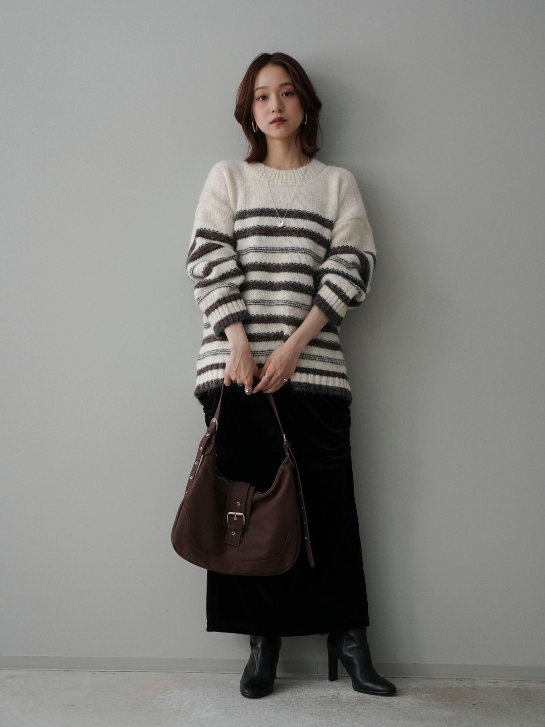 [SET]ステッチボーダーニットプルオーバー+ギャザーベロアスカート(2set)