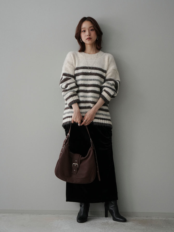 [SET]ステッチボーダーニットプルオーバー+ギャザーベロアスカート(2set)