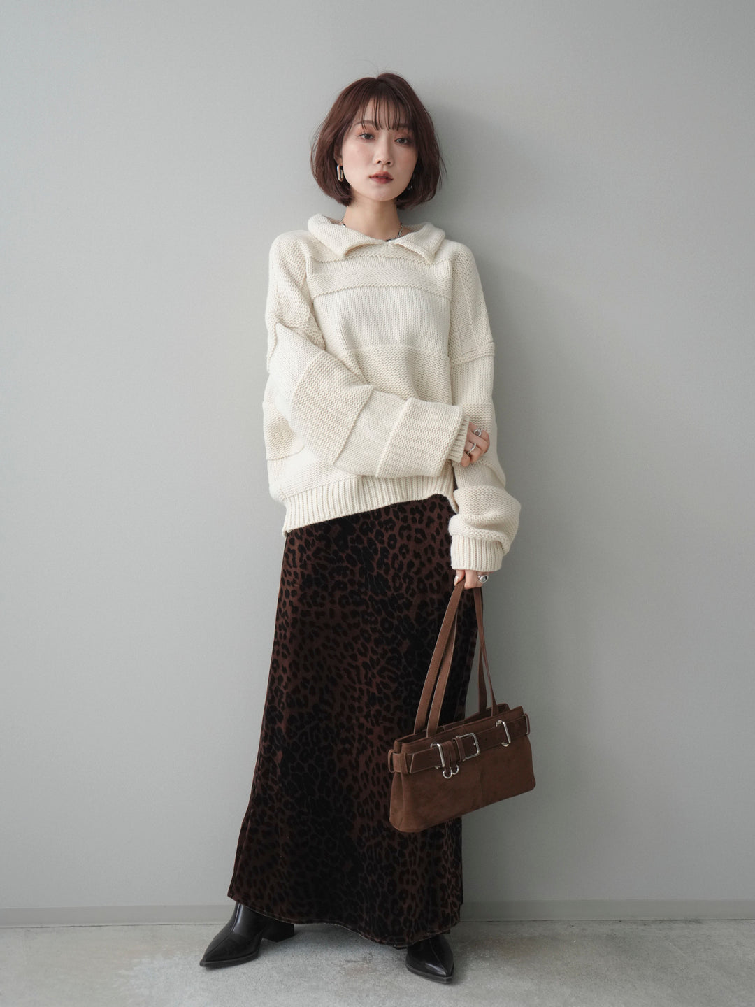 [予約]襟付きボーダー編みニットプルオーバー/ivory